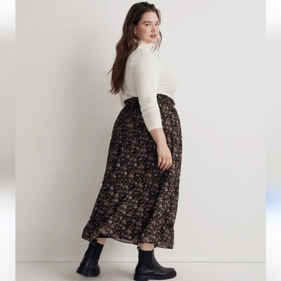 Madewell Georgette Crinkle Black Maxi Skirt Size 2X Blurred Blooms Plus - Picture 3 of 8